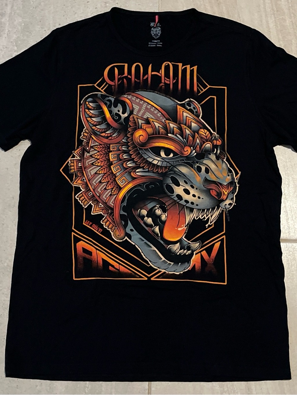 Ay Guey! Black Graphic Tee with Ornate Panther Illustration XL
